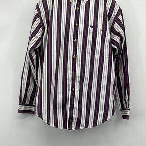 Bugle Boy Classics Vertical Striped Button Down Shirt White Navy Red Green M